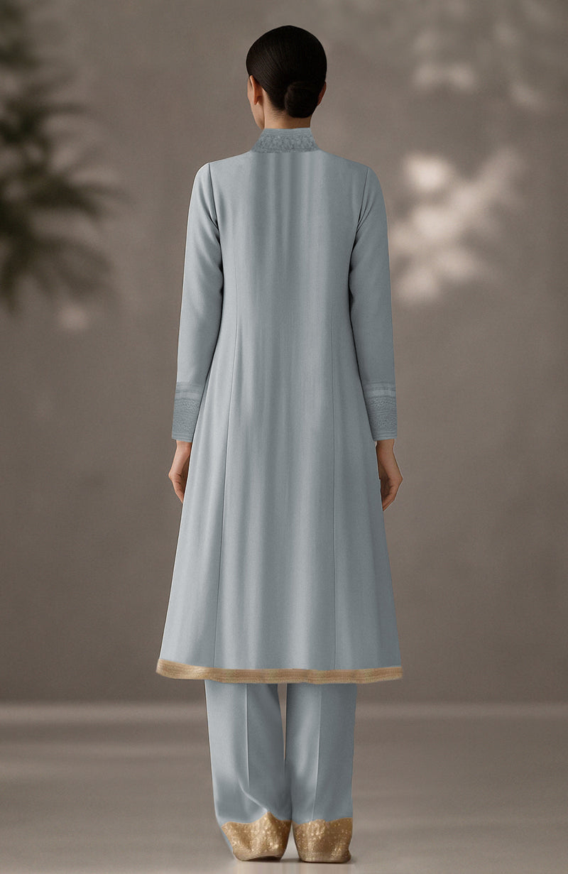 Powder Blue Embroidered Kurta Set With Dupatta-Inspired Pleated Drape