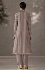 Taupe Embroidered Kurta Set with Dupatta-Inspired Pleated Drape