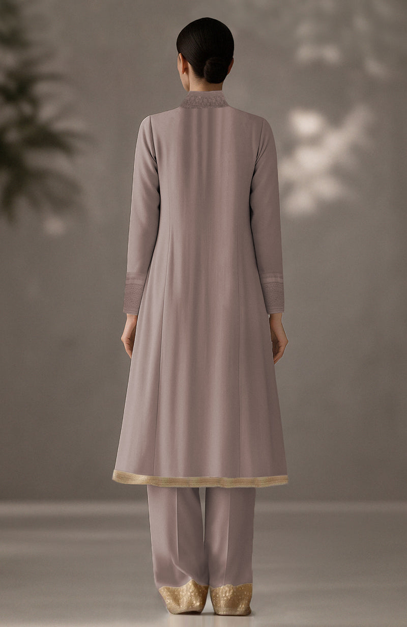 Taupe Embroidered Kurta Set with Dupatta-Inspired Pleated Drape