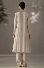 Soft Ivory Embroidered Kurta Set With Dupatta-Inspired Pleated Drape