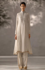 Soft Ivory Embroidered Kurta Set With Dupatta-Inspired Pleated Drape