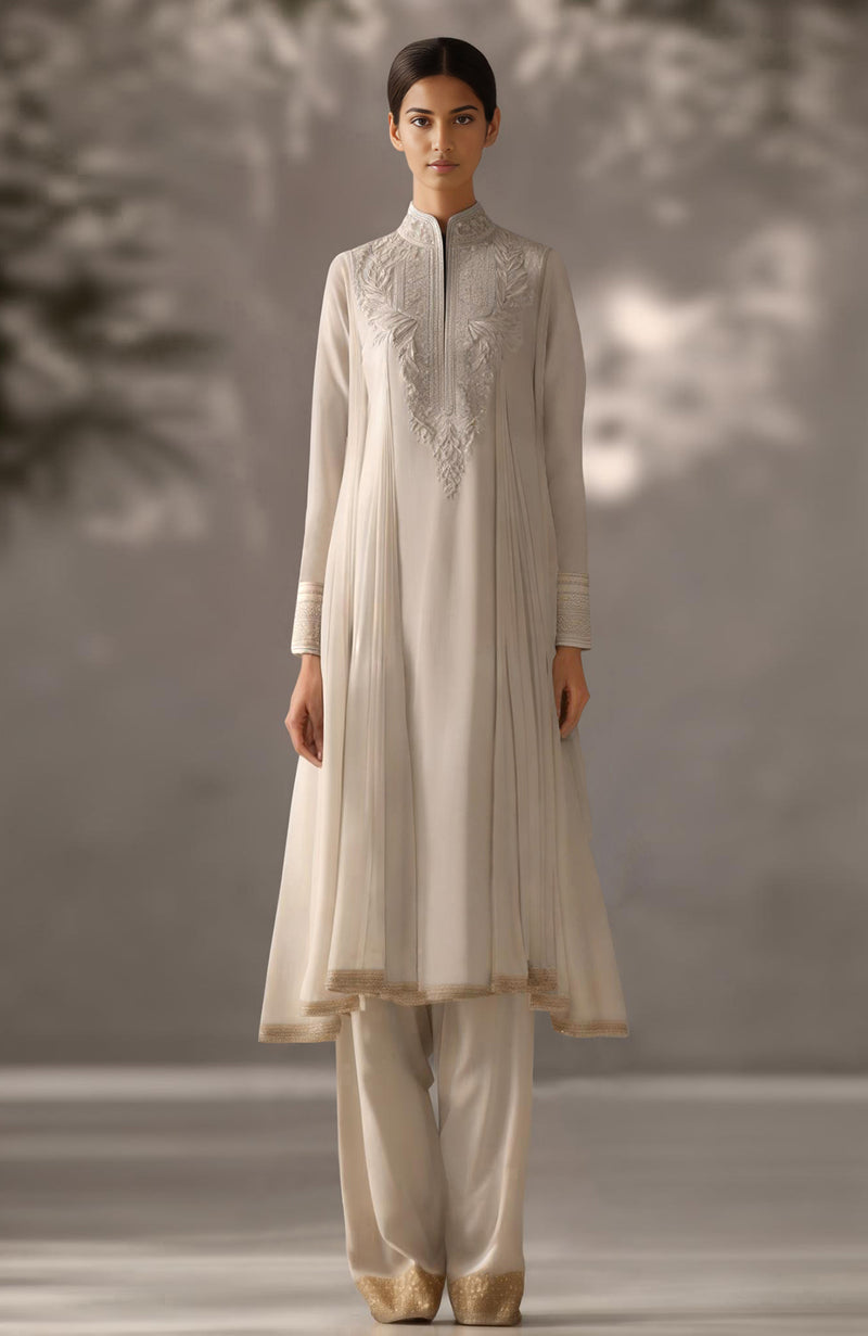 Soft Ivory Embroidered Kurta Set With Dupatta-Inspired Pleated Drape