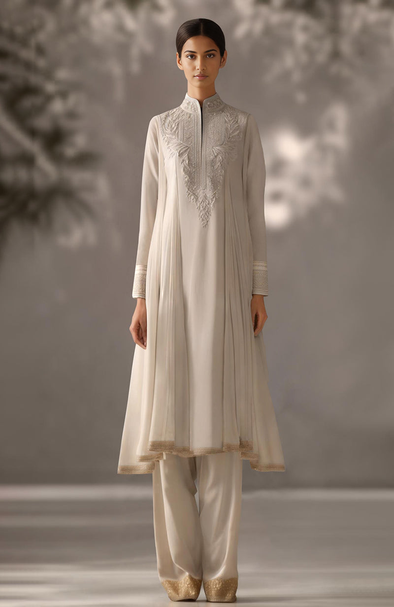 Taupe Embroidered Kurta Set with Dupatta-Inspired Pleated Drape