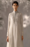 Soft Ivory Embroidered Kurta Set With Dupatta-Inspired Pleated Drape
