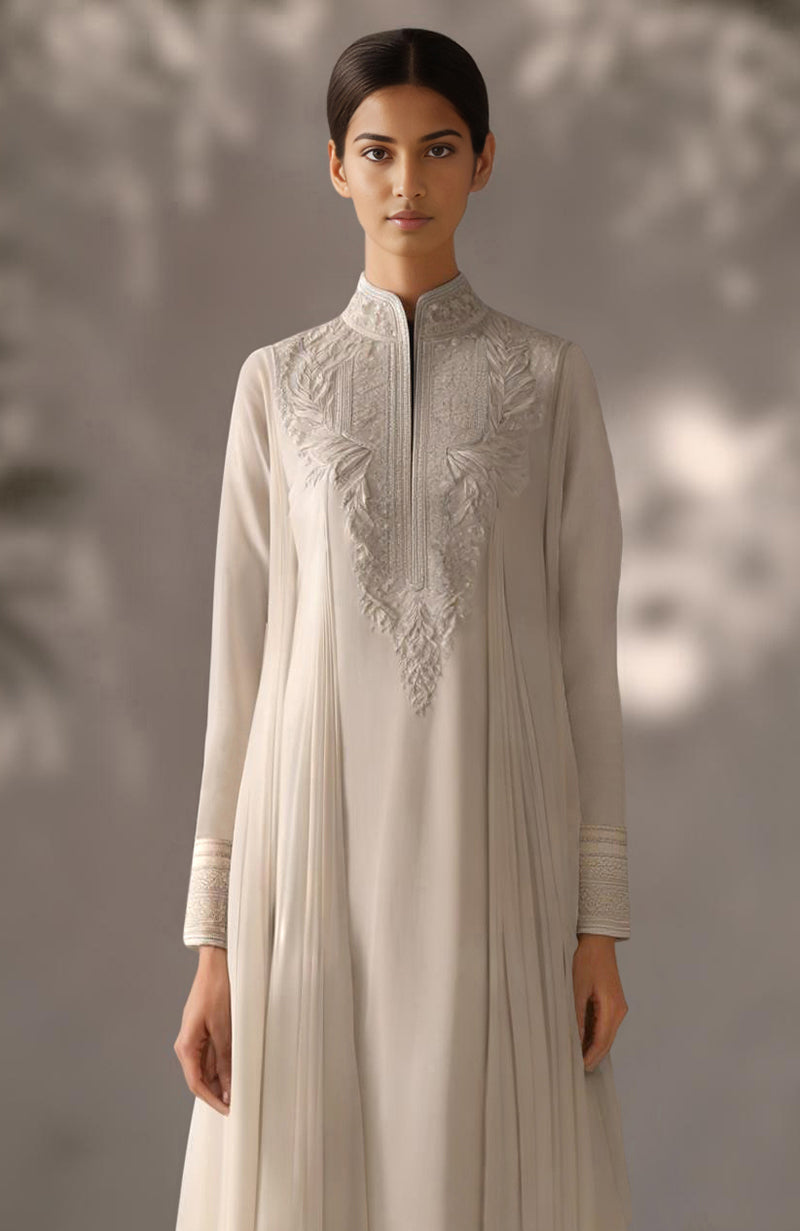 Soft Ivory Embroidered Kurta Set With Dupatta-Inspired Pleated Drape