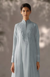 Powder Blue Embroidered Kurta Set With Dupatta-Inspired Pleated Drape