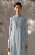 Powder Blue Embroidered Kurta Set With Dupatta-Inspired Pleated Drape
