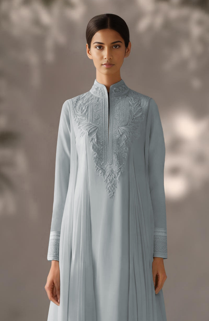 Powder Blue Embroidered Kurta Set With Dupatta-Inspired Pleated Drape