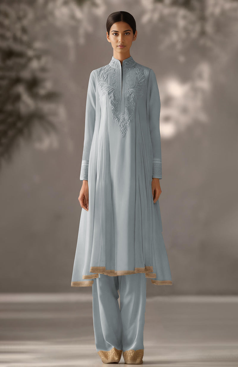 Taupe Embroidered Kurta Set with Dupatta-Inspired Pleated Drape