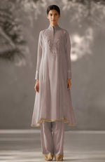 Taupe Embroidered Kurta Set with Dupatta-Inspired Pleated Drape