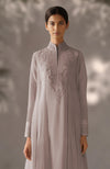 Taupe Embroidered Kurta Set with Dupatta-Inspired Pleated Drape
