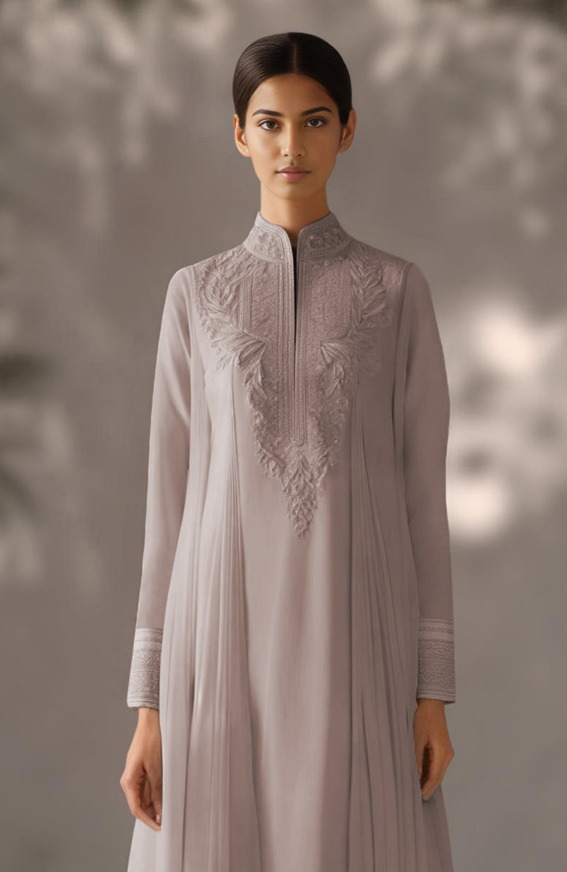 Taupe Embroidered Kurta Set with Dupatta-Inspired Pleated Drape