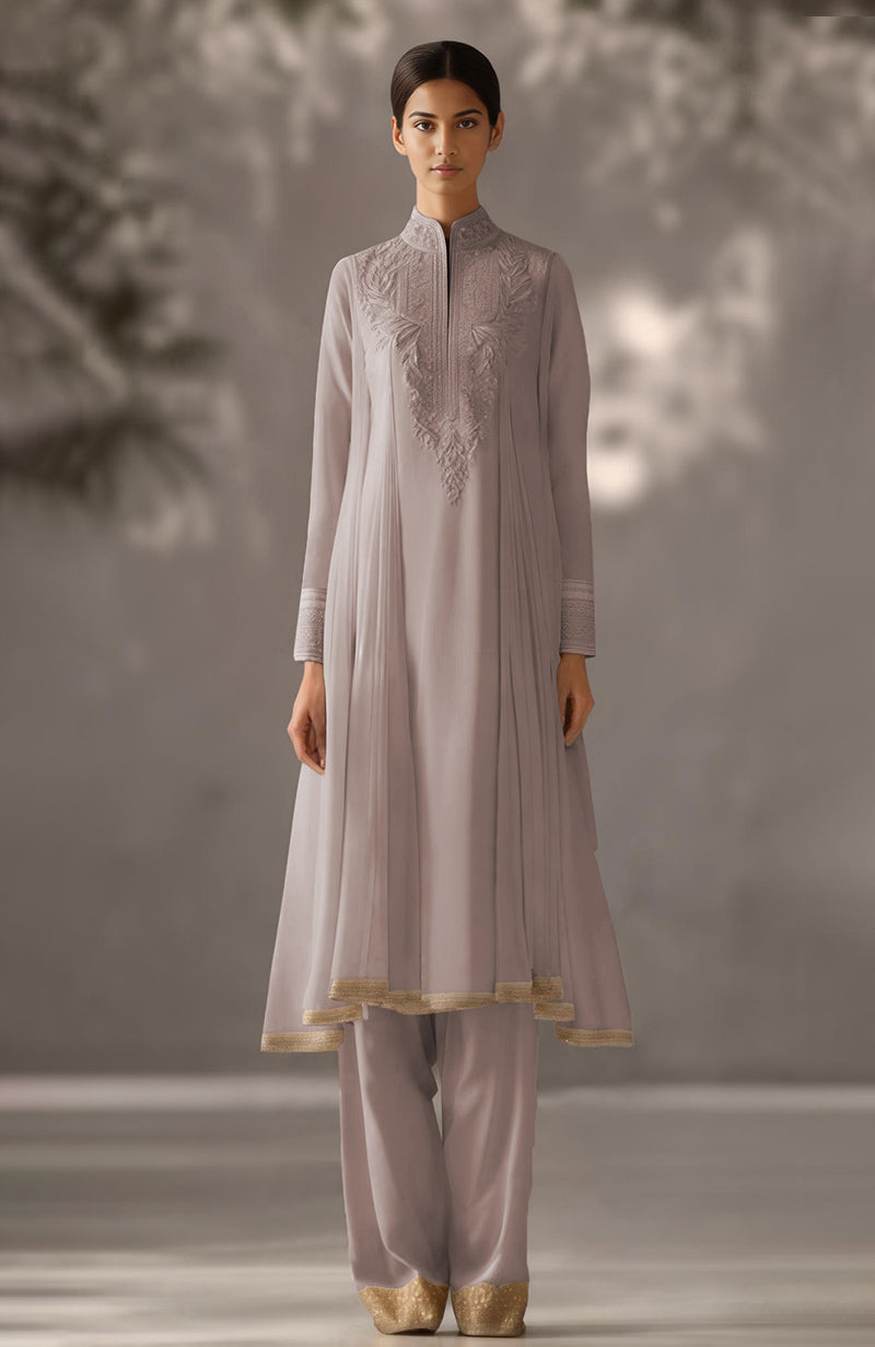 Taupe Embroidered Kurta Set with Dupatta-Inspired Pleated Drape