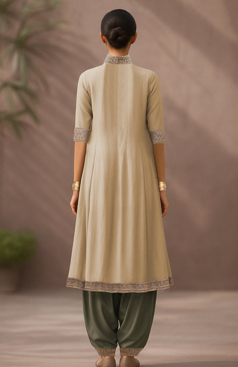 Pale Gold - Burnished Olive Embroidered Kurta Set With Dupatta-Inspired Attached Drape
