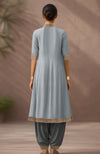 Pearl Blue-Charcoal Embroidered Kurta Set With Dupatta-Inspired Attached Drape