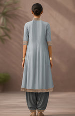 Pearl Blue-Charcoal Embroidered Kurta Set With Dupatta-Inspired Attached Drape