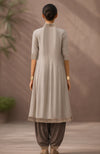 Taupe-Mocha Embroidered Kurta Set With Dupatta-Inspired Attached Drape