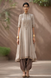 Pearl Blue-Charcoal Embroidered Kurta Set With Dupatta-Inspired Attached Drape