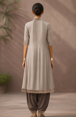 Taupe-Mocha Embroidered Kurta Set With Dupatta-Inspired Attached Drape