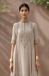 Taupe-Mocha Embroidered Kurta Set With Dupatta-Inspired Attached Drape