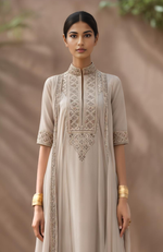 Taupe-Mocha Embroidered Kurta Set With Dupatta-Inspired Attached Drape