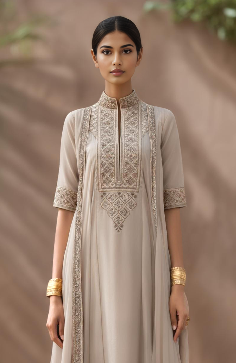 Taupe-Mocha Embroidered Kurta Set With Dupatta-Inspired Attached Drape