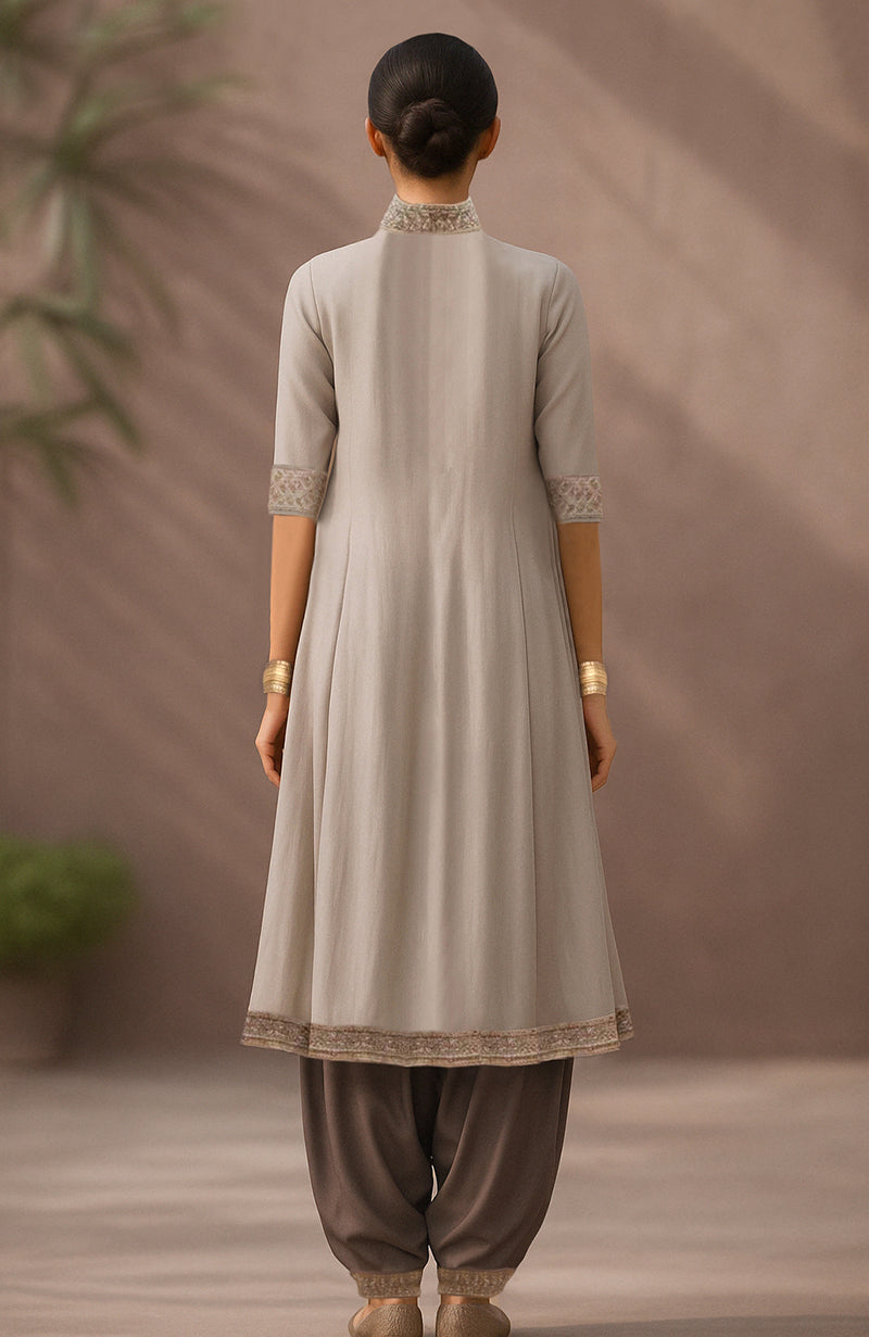 Taupe-Mocha Embroidered Kurta Set With Dupatta-Inspired Attached Drape
