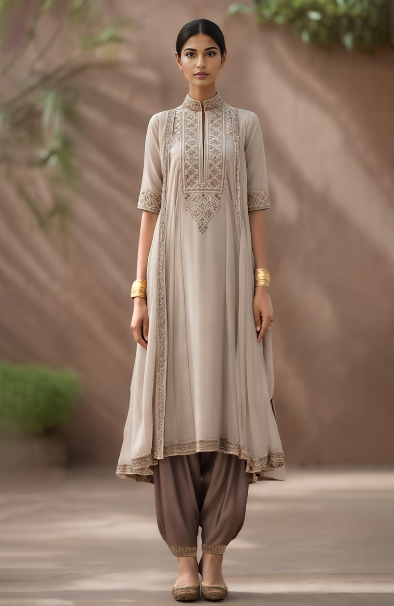 Pearl Blue-Charcoal Embroidered Kurta Set With Dupatta-Inspired Attached Drape