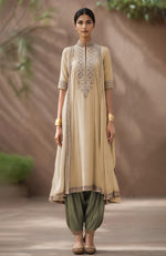 Pearl Blue-Charcoal Embroidered Kurta Set With Dupatta-Inspired Attached Drape