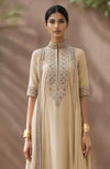 Pale Gold - Burnished Olive Embroidered Kurta Set With Dupatta-Inspired Attached Drape