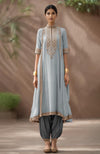 Pearl Blue-Charcoal Embroidered Kurta Set With Dupatta-Inspired Attached Drape