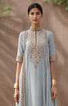 Pearl Blue-Charcoal Embroidered Kurta Set With Dupatta-Inspired Attached Drape