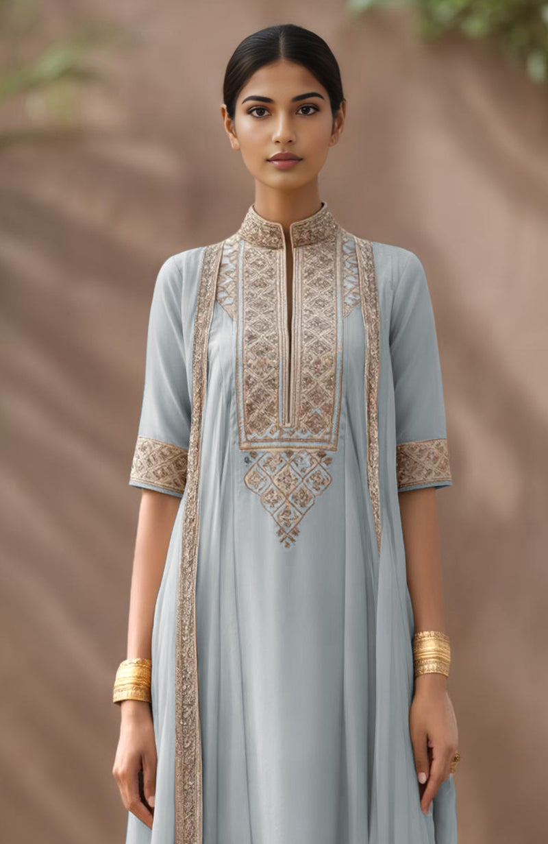 Pearl Blue-Charcoal Embroidered Kurta Set With Dupatta-Inspired Attached Drape