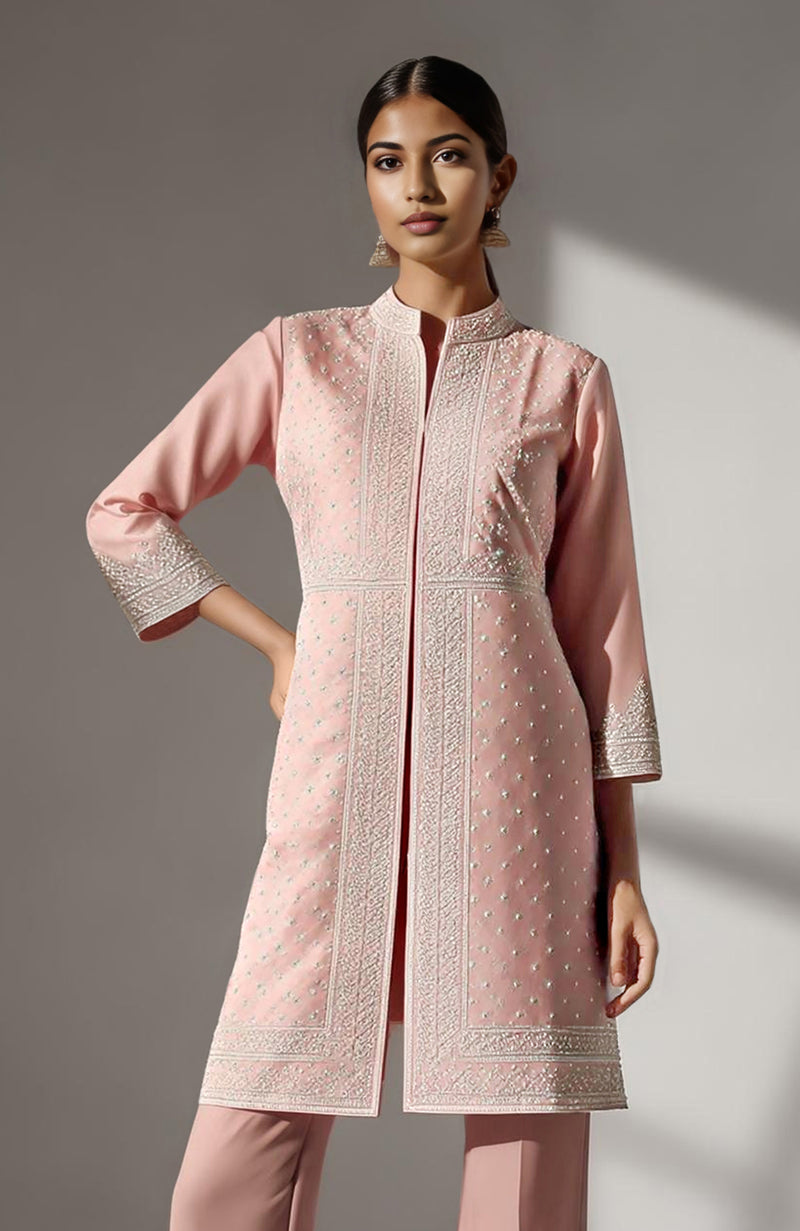 Blush Pearl Embroidered Straight Kurta Set with Palazzo Pants | Modern Chikankari-Inspired Ensemble