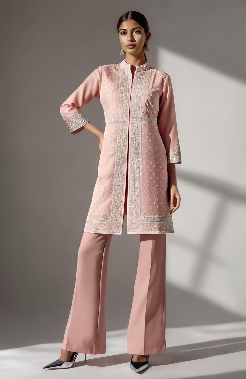 Blush Pearl Embroidered Straight Kurta Set with Palazzo Pants | Modern Chikankari-Inspired Ensemble