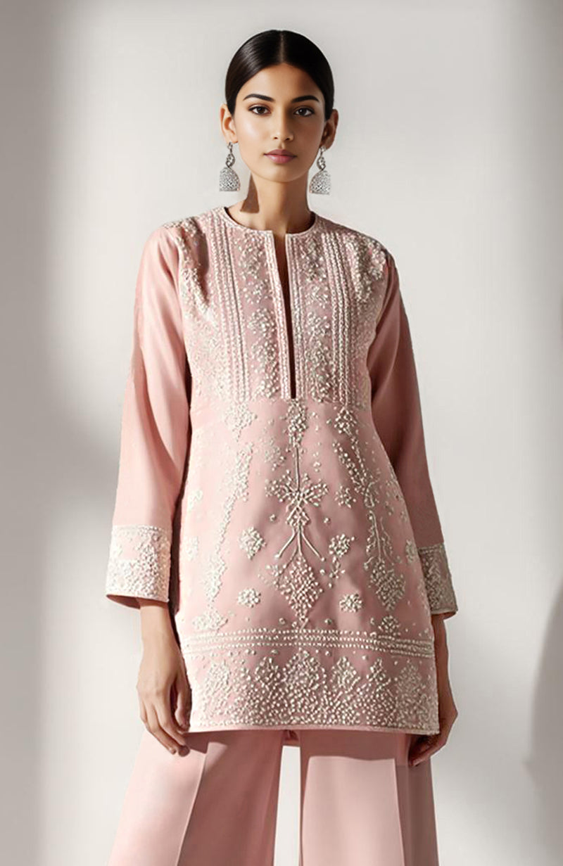 Blush Bloom Embroidered Short Kurta Set with Palazzo Pants | Modern Chikankari Inspired Ensemble