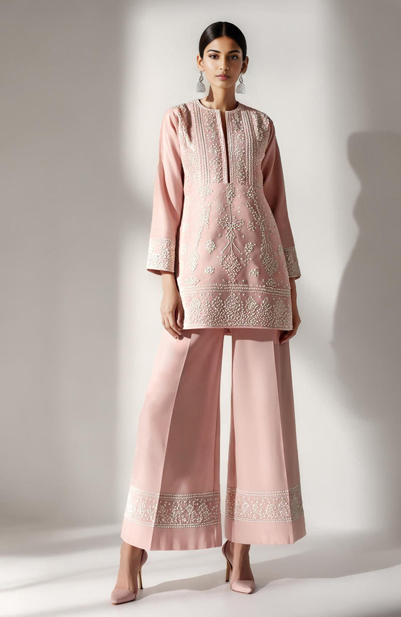 Blush Bloom Embroidered Short Kurta Set with Palazzo Pants | Modern Chikankari Inspired Ensemble