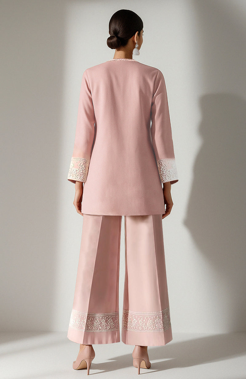 Blush Bloom Embroidered Short Kurta Set with Palazzo Pants | Modern Chikankari Inspired Ensemble