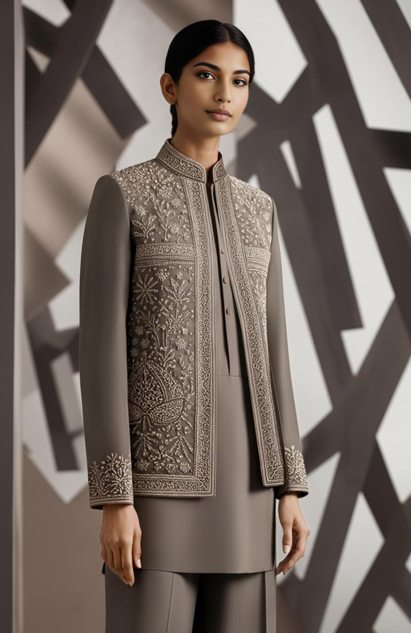Ash Mocha Thread & Beads Embroidered Jacket Set