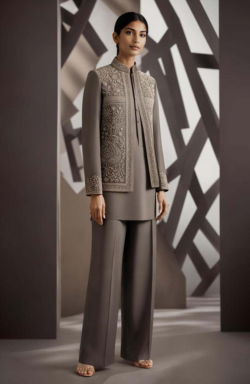 Ash Mocha Thread & Beads Embroidered Jacket Set