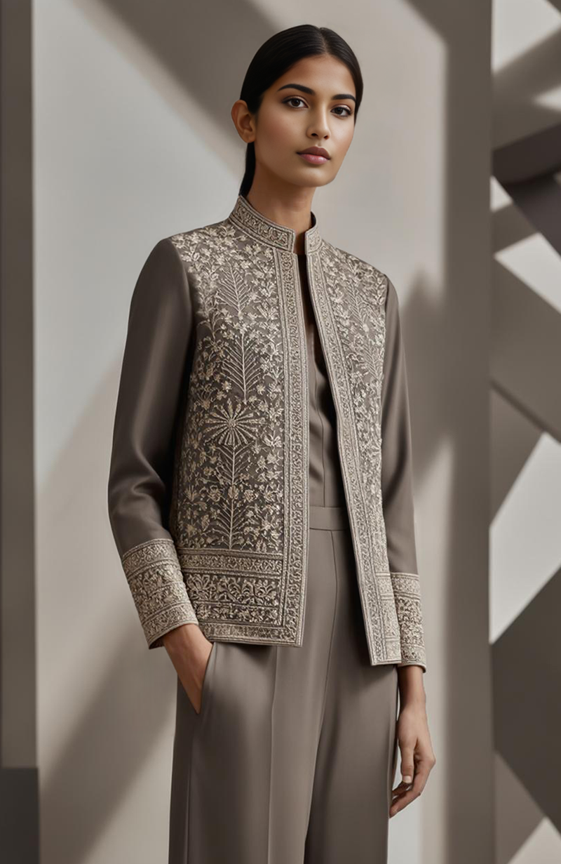 Greige Thread & Beads Embroidered Jacket Set