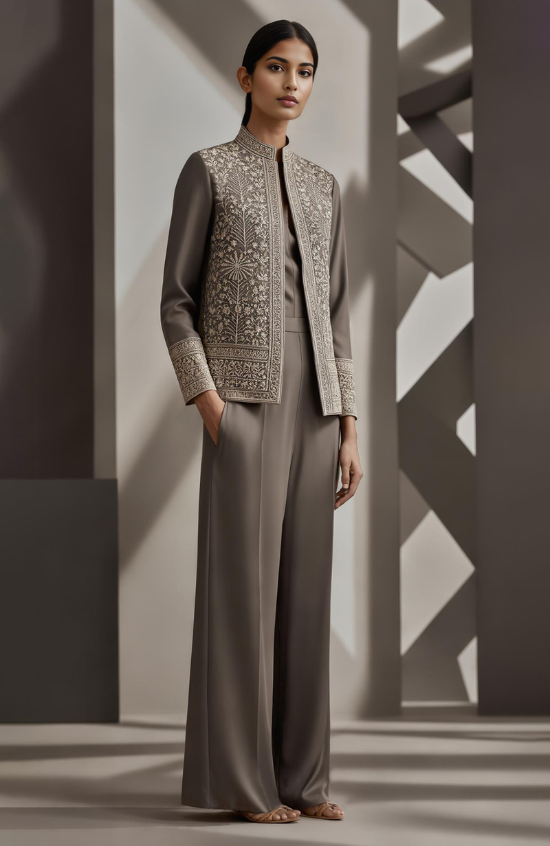 Greige Thread & Beads Embroidered Jacket Set