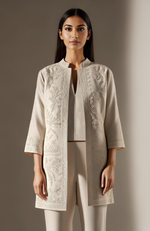 Ivory Smoke Embroidered Long Jacket Set | Chikankari Inspired Modern Couture