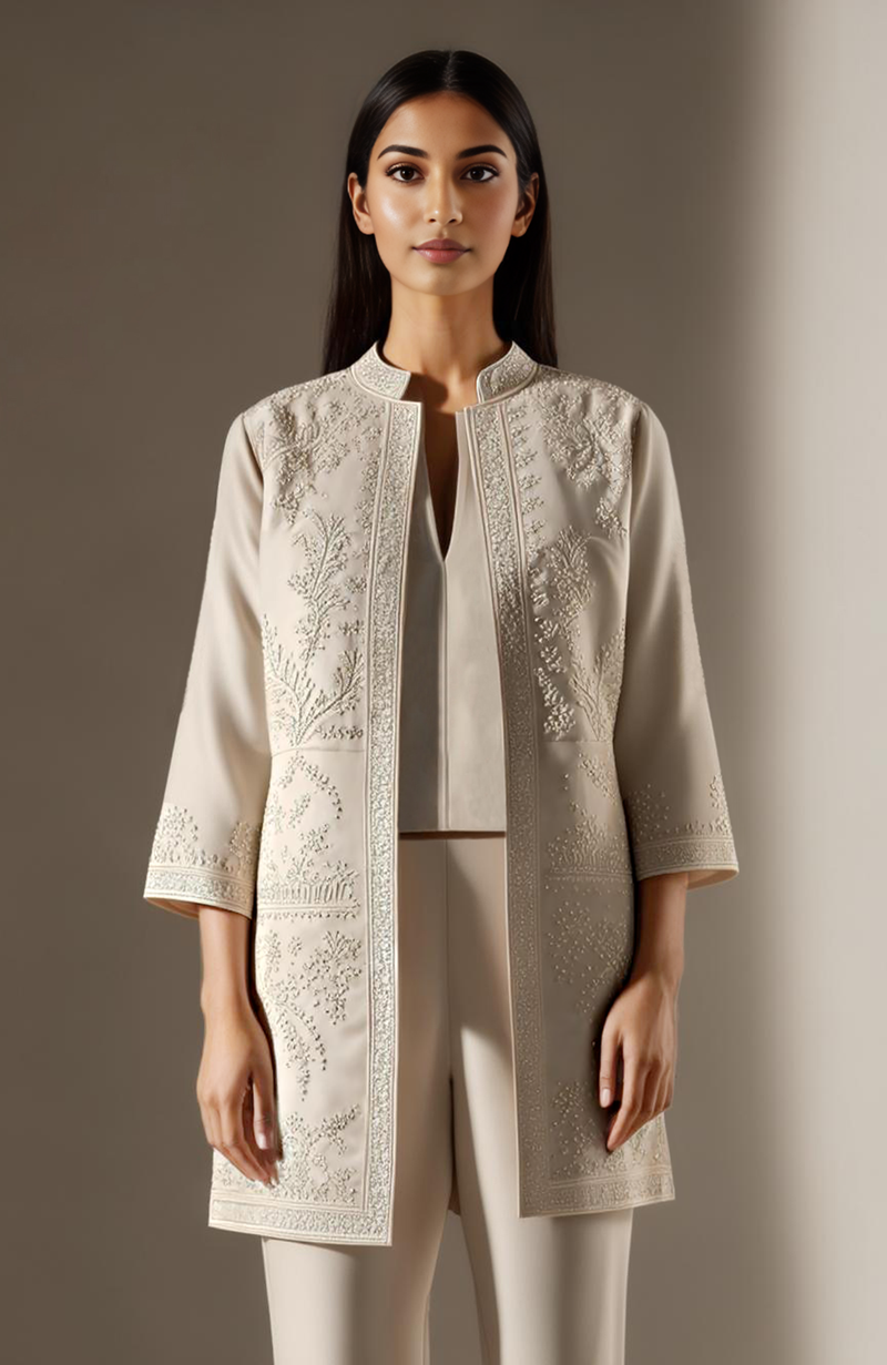 Ivory Smoke Embroidered Long Jacket Set | Chikankari Inspired Modern Couture