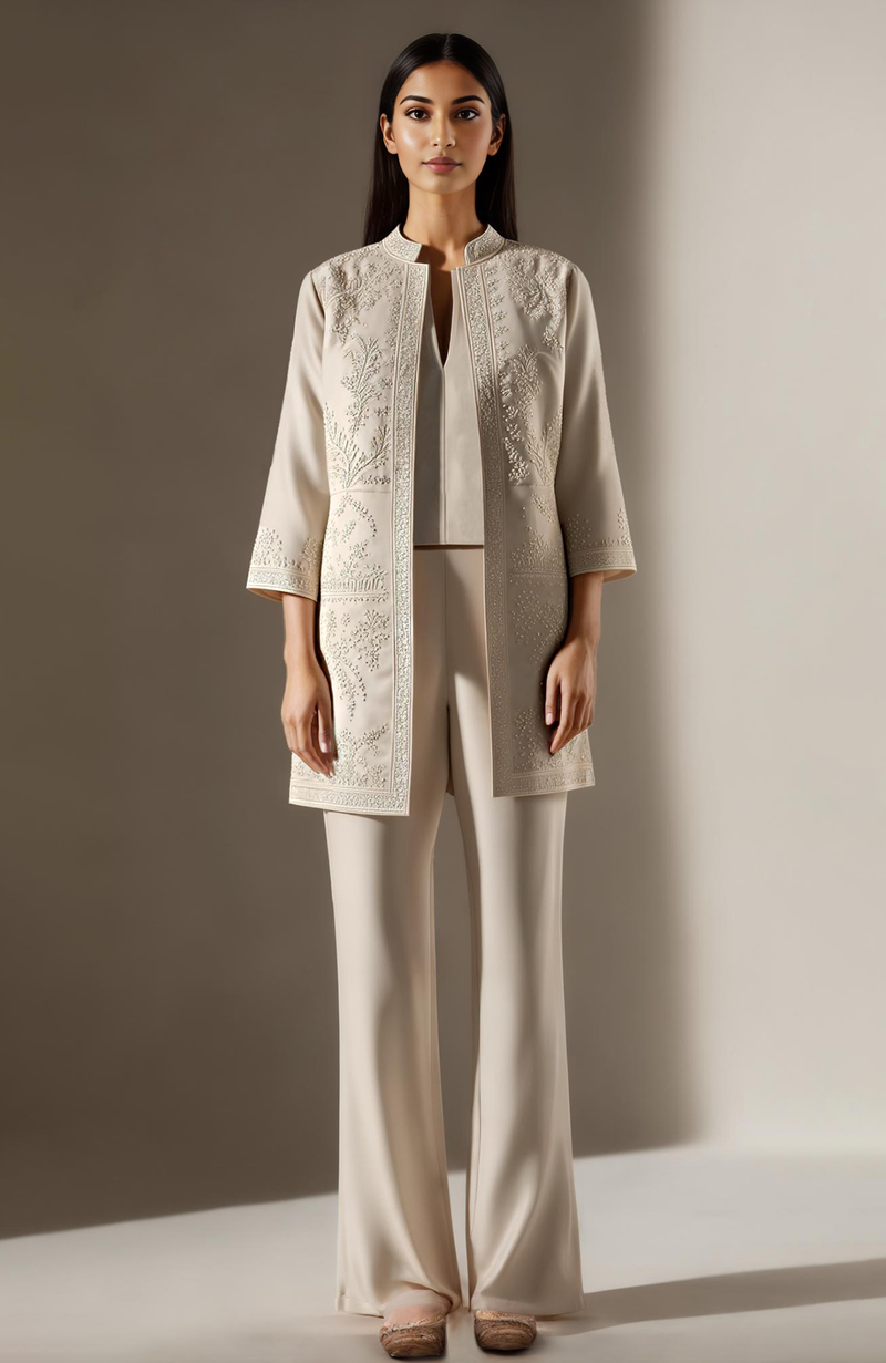 Ivory Smoke Embroidered Long Jacket Set | Chikankari Inspired Modern Couture