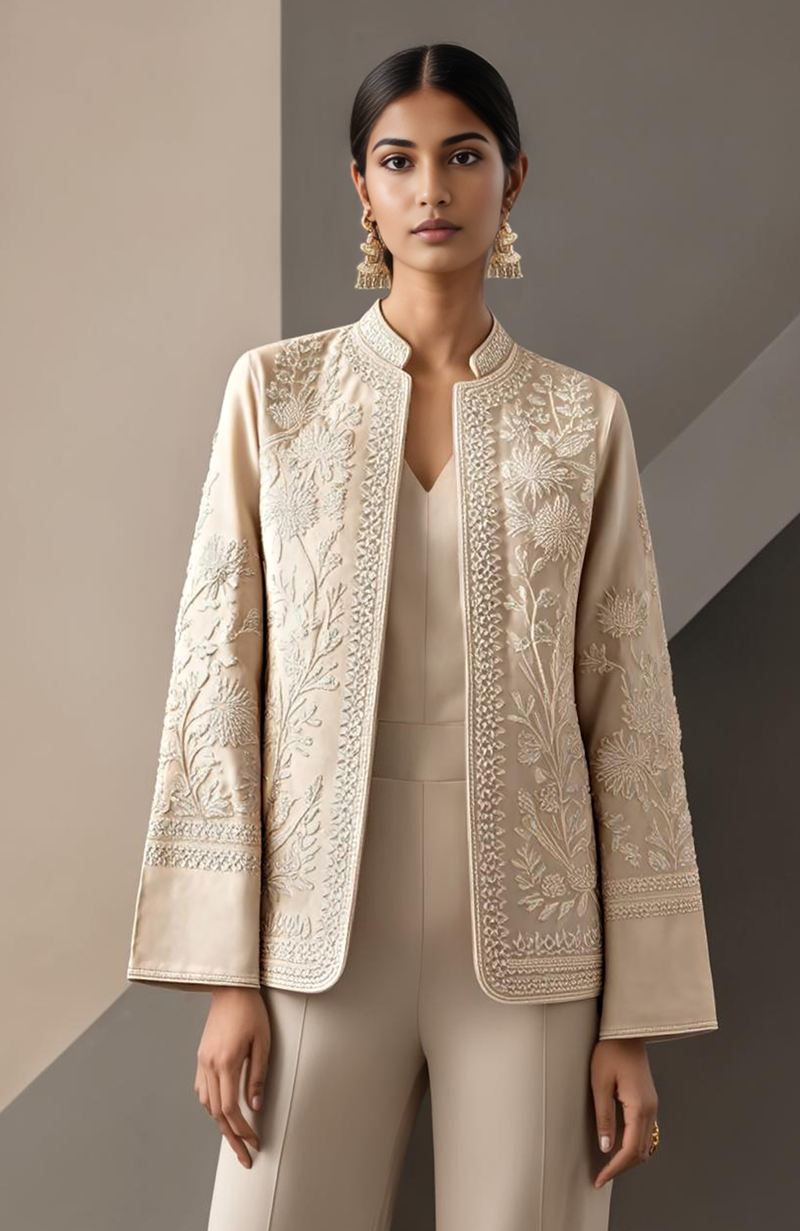 Ecru Embroidered Long Jacket Set with Chikankari-Inspired Detailing