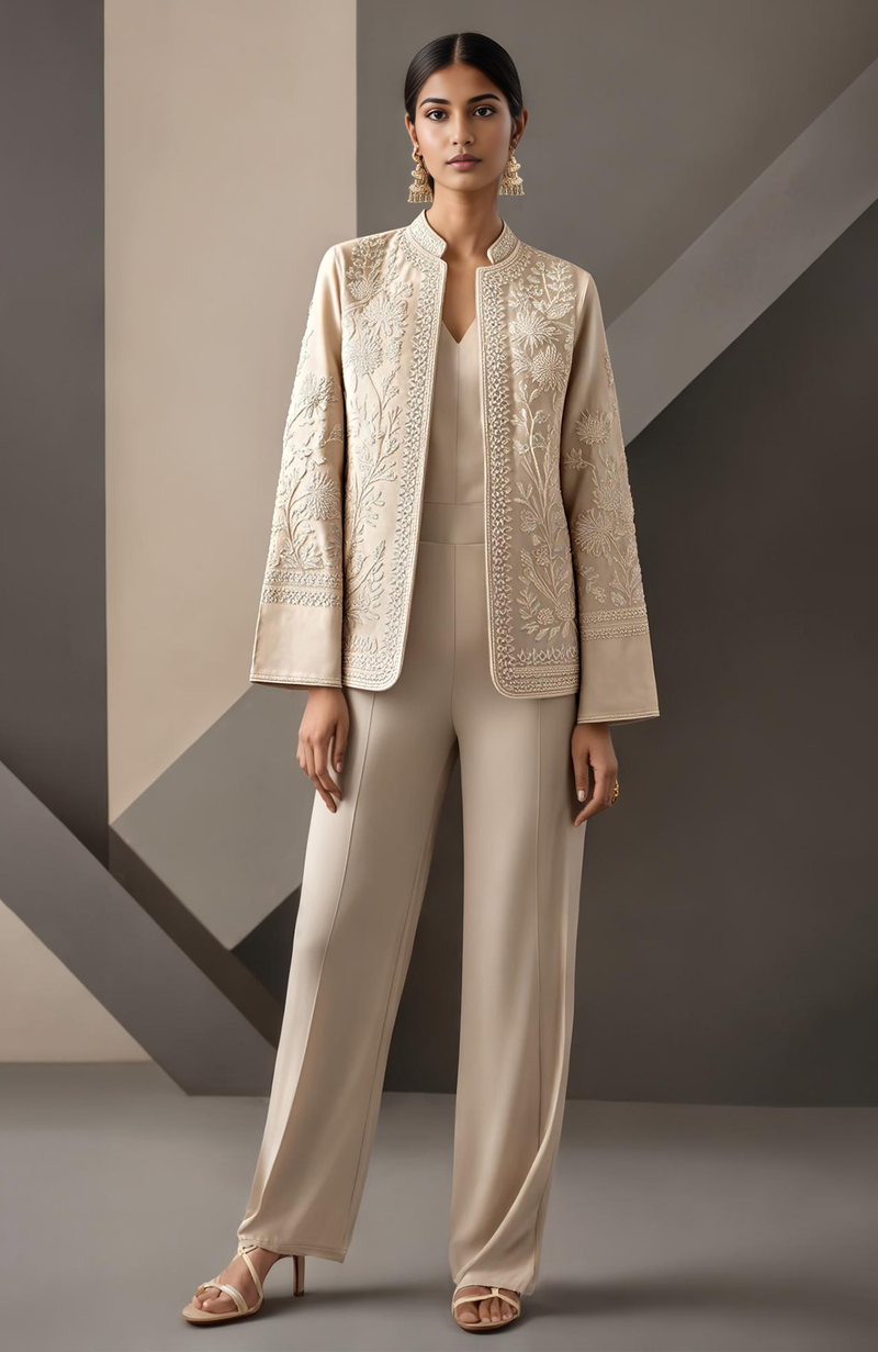 Ecru Embroidered Long Jacket Set with Chikankari-Inspired Detailing