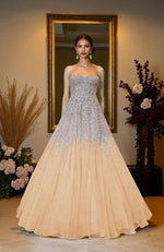 NAIRA- Mint Green Crystal & Pearl Beads Hand Embroidered Princess Gown