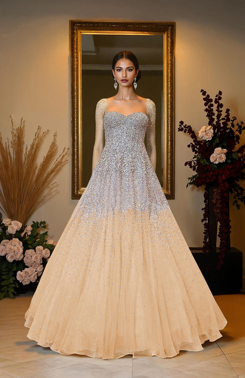 NAIRA- Mint Green Crystal & Pearl Beads Hand Embroidered Princess Gown