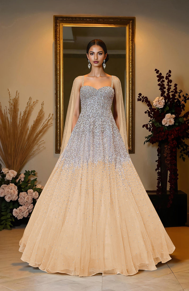 NAIRA- Mint Green Crystal & Pearl Beads Hand Embroidered Princess Gown